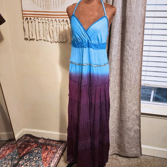 Passport Y2K Era Aqua Purple Ombre Halter Dress | Maxi Length | Size M - Picture 1 of 15